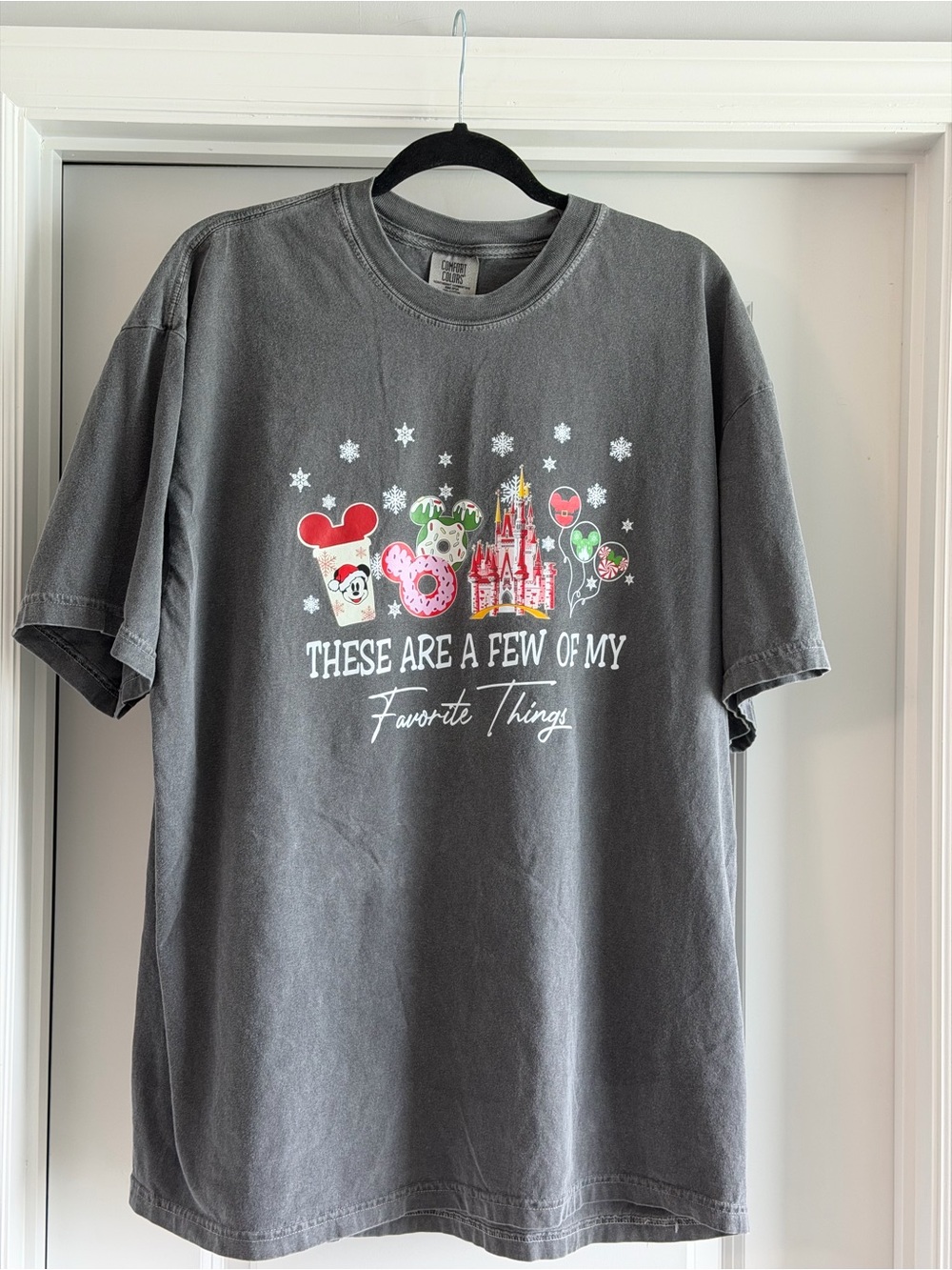 Comfort Colors Gray Holiday Tee with Festive Castle and Character Icons